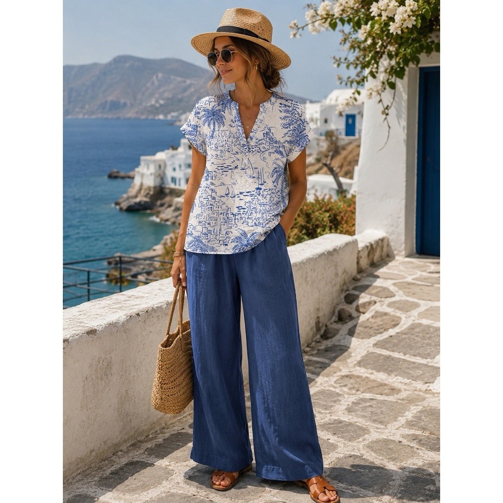 Calypso St. Barth Womens Sz 1X Blue White Linen Blend Resort Print Popover Top